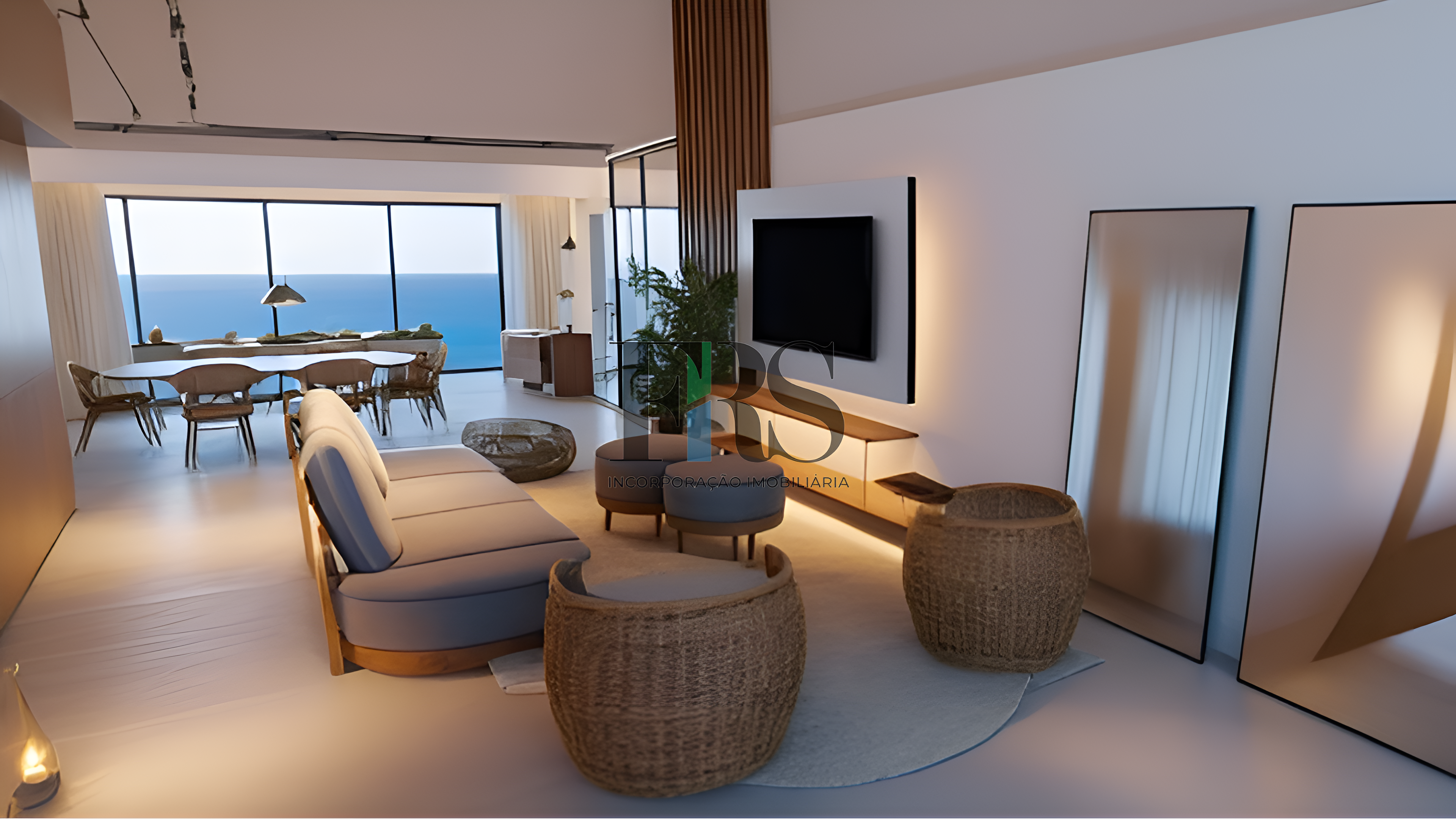 Projeto Sala de Estar ampla bem equipada e compartilhada com mesa de jantar